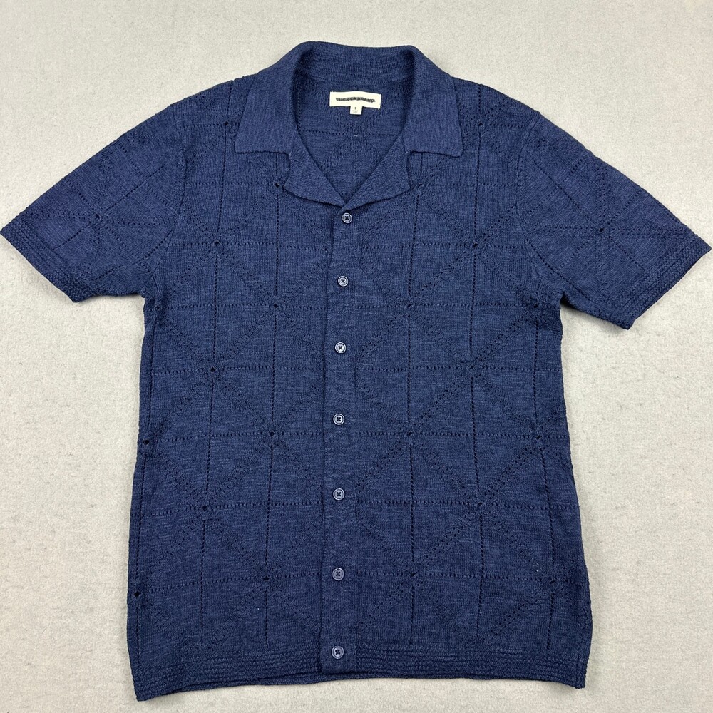 Lucky Brand Shirt Men Small Blue Textured Pointelle Short Sleeve Button Up S